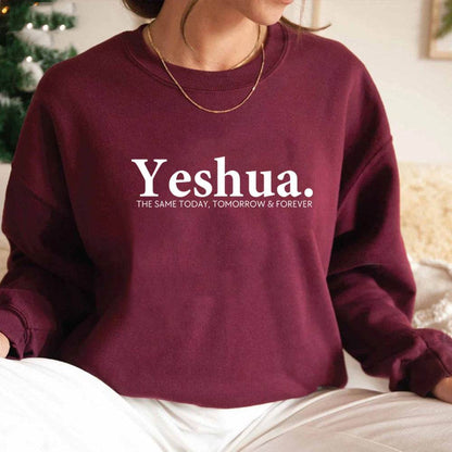 Vintage Yeshua sweatshirt in maroon with white religious text from Holy Mango Store