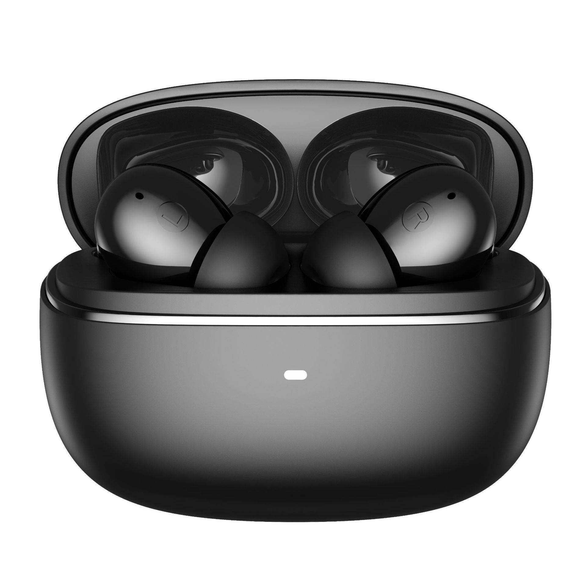 Holy Mango Store black wireless bluetooth earbuds in open compact charging case