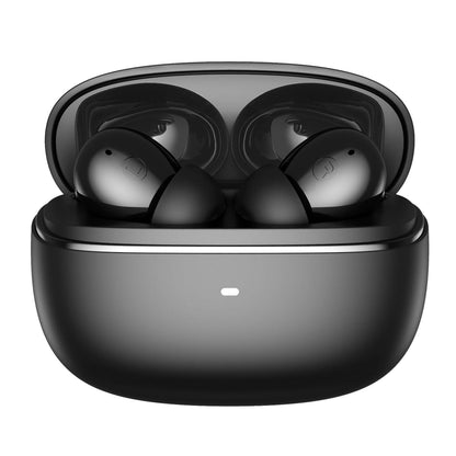 Holy Mango Store black wireless bluetooth earbuds in open compact charging case