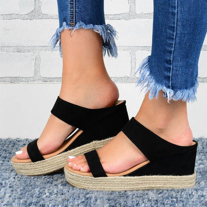 Holy Mango Store women's wedge sandals in black with jute platform and casual open toe design