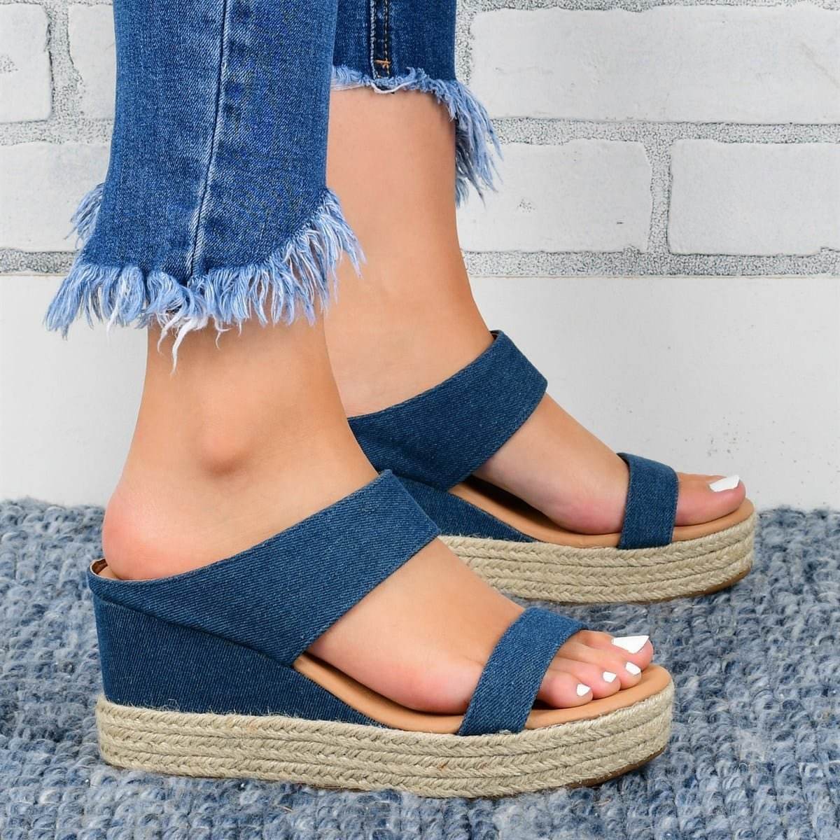 Holy Mango Store women's wedge sandals in blue denim with braided jute platform and open toe design