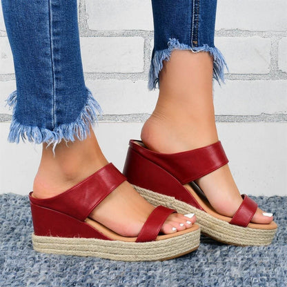 Holy Mango Store women's wedge sandals in red with jute platform and double strap design