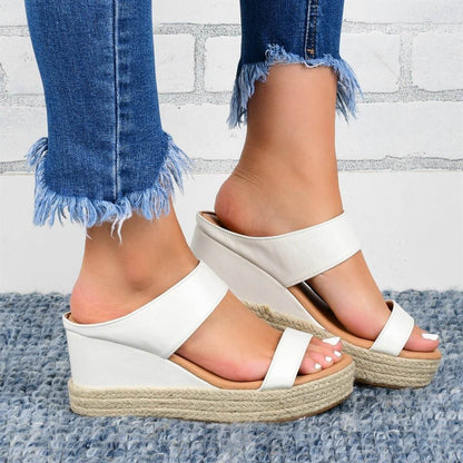 White women's wedge sandals with double straps and jute platform sole from Holy Mango Store